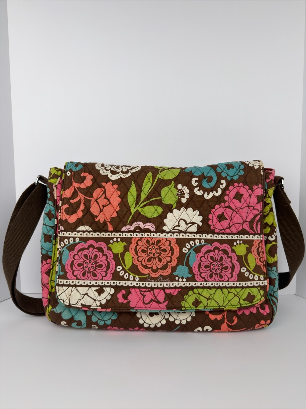 Vera Bradley Lola Quilted Messenger Crossbody Retired Floral Pattern Brown Pink